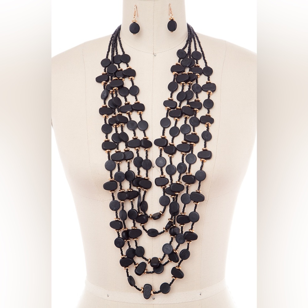 Black & Gold Wooden Disk Multi-Strand Statement Necklace Set